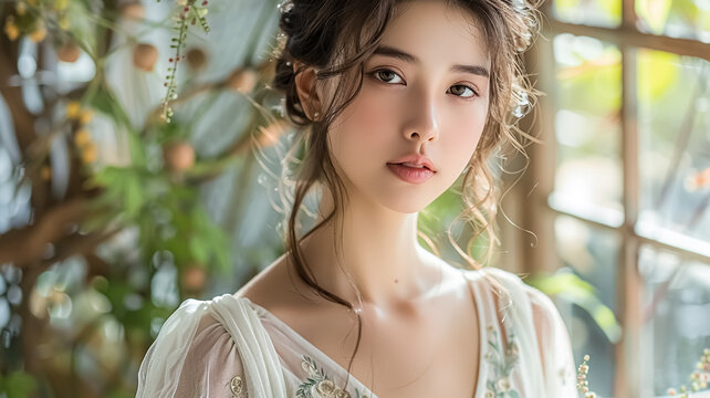 A beautiful 20 year old Chinese woman wearing a traditional white Hanfu embroidered with green plants, looking to the camera, beautiful young face and Chinese traditional clothing