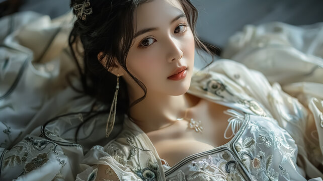 A beautiful 20 year old Chinese woman wearing a traditional white Hanfu embroidered with green plants, looking to the camera, beautiful young face and Chinese traditional clothing