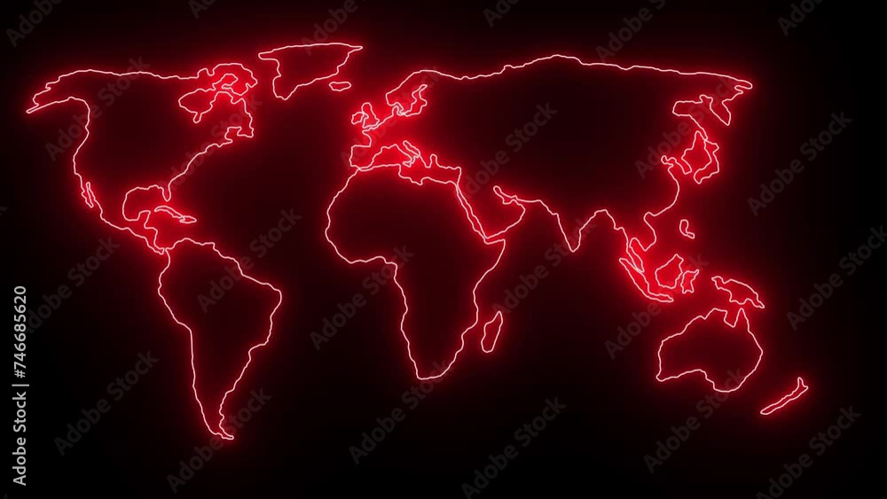 Poster neon line world map outline. dynamic mapping of the contours of the world map. light lines around th
