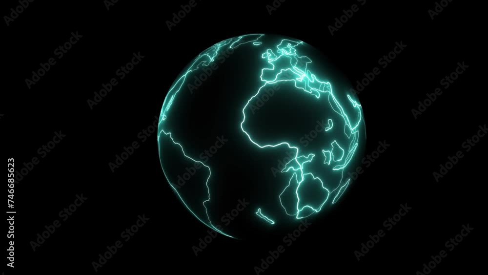 Poster neon line world map outline. dynamic mapping of the contours of the world map. light lines around th