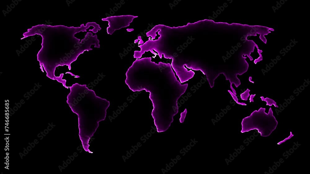 Poster neon line world map outline. dynamic mapping of the contours of the world map. light lines around th