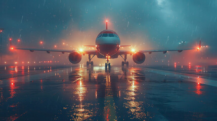 Airplane Taxiing on Rainy Runway with City Lights - obrazy, fototapety, plakaty