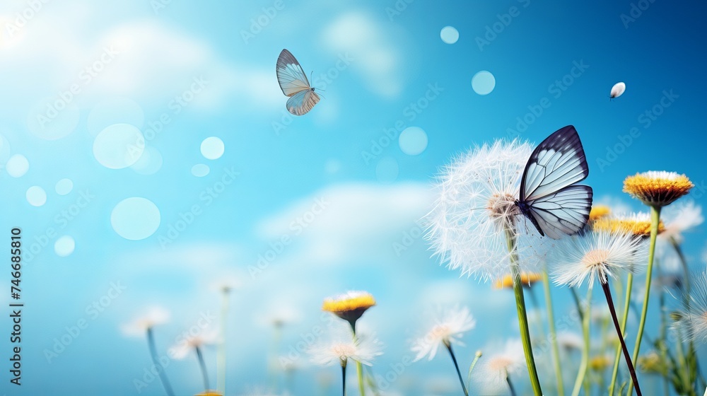 Poster natural pastel background. morpho butterfly and dandelion. seeds of a dandelion flower in droplets o