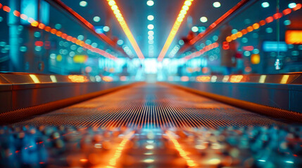 Futuristic Airport Moving Walkway with Vibrant Lighting