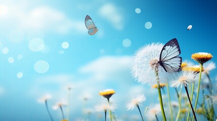 Natural pastel background. Morpho butterfly and dandelion. Seeds of a dandelion flower in droplets of dew on a background of sunrise. Soft focus. Copy spaces.