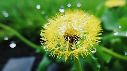 Macro mini dandelion flower In the rain with copy space. nature photo