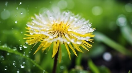 Macro mini dandelion flower In the rain with copy space. nature photo
