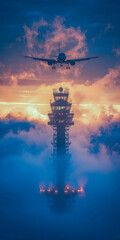 Airplane Descending Toward Airport Control Tower at Sunrise - obrazy, fototapety, plakaty