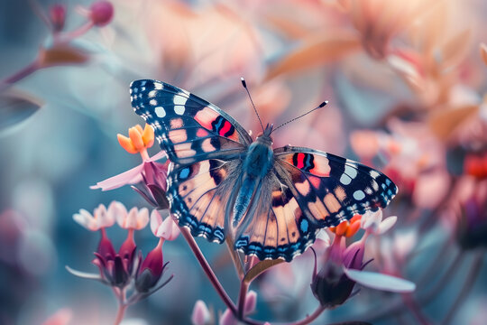 A vibrant Painted butterfly patterned wings rests on a cluster of flowers, set against a dreamy, soft-focus background