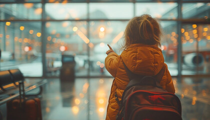 Young Explorer Points to Airplane at Airport at Dusk