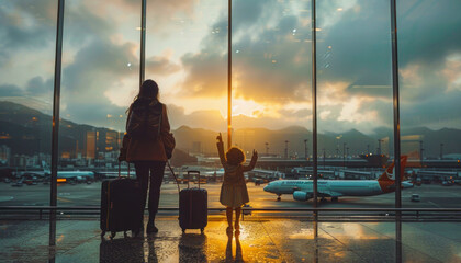 Mother and Child Gazing at Sunset in Airport Terminal - obrazy, fototapety, plakaty