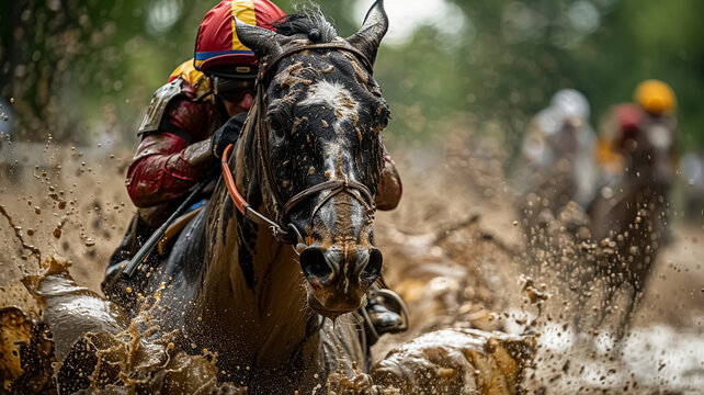A horse during a horse race in the ranch , horseback riding during the race, action image of running horse