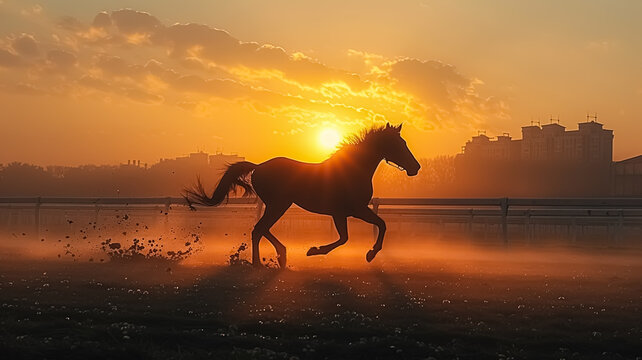 A horse during a horse race in the ranch , horseback riding during the race, action image of running horse
