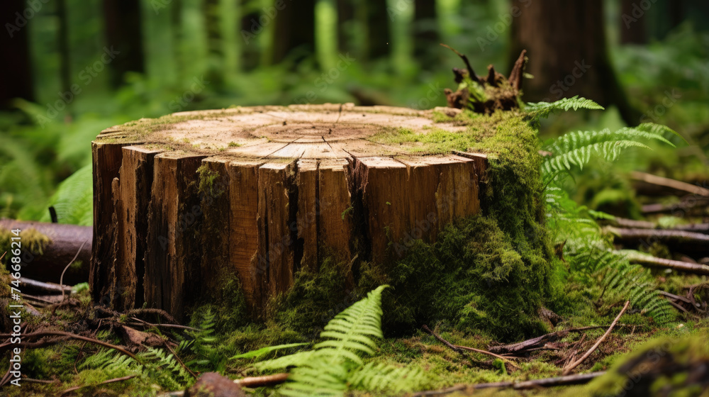 Wall mural Wooden stump cut saw in the forest with green moss and ferns