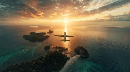 An airplane soars over a tropical sea at dusk, offering a breathtaking aerial view of coastal...