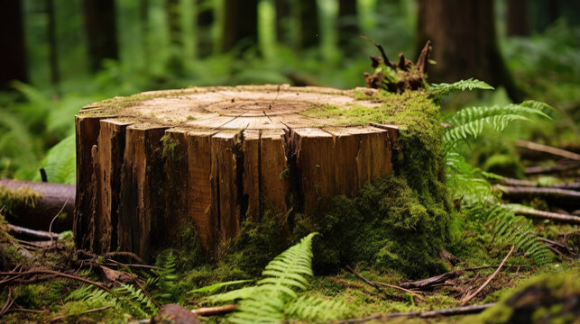 Wooden stump cut saw in the forest with green moss and ferns