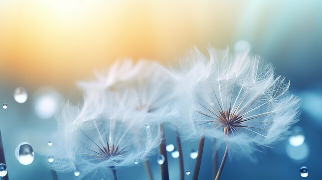 Fototapeta Natural pastel background. Morpho butterfly and dandelion. Seeds of a dandelion flower in droplets of dew on a background of sunrise. Soft focus. Copy spaces.