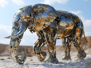 abstract metal sculpture of the golden elephant in desert, in the style of digital art wonders, skeletal - obrazy, fototapety, plakaty