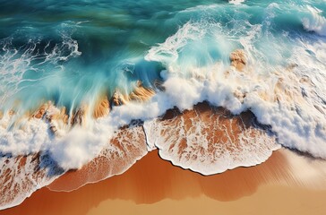 aerial image of a beach with sand and waves, in the style of light amber and emerald, afro themes, i can't believe how beautiful this is, golden hues, en plein air beach scenes, mesmerizing optical il - obrazy, fototapety, plakaty