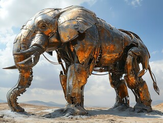 abstract metal sculpture of the golden elephant in desert, in the style of digital art wonders, skeletal