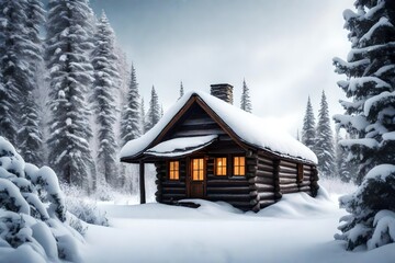 An isolated cabin nestled among the trees, surrounded by a blanket of snow in the winter.