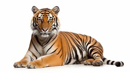 Portrait of Bengal Tiger, 1 year old, sitting in front of white background, studio shot, Panthera tigris tigris