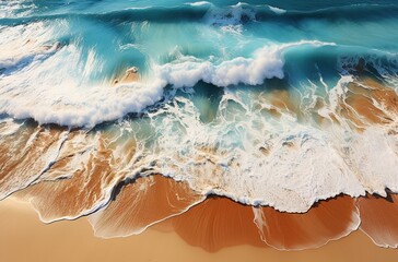 aerial picture of an ocean front beach, in the style of light brown and light amber, afro themes, believe how beautiful, light emerald and light brown, vibrant colorism, light gold and light brown