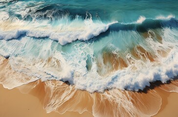 aerial picture of an ocean front beach, in the style of light brown and light amber, afro themes, believe how beautiful, light emerald and light brown, vibrant colorism, light gold and light brown