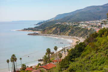 Santa monica mountiains meeting the ocean. Looking south down the Pacific Coast Highway towards...