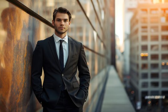 Portrait of a handsome young confident businessman wearing a black suit
