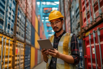 Caucasian man engineer using digital tablet and wearing yellow safety helmet and check for control loading containers box from Cargo freight ship for import and export, transport