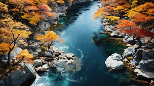 aerial shot of the river with a group of trees around it, in the style of  tradition, sky-blue and orange, captivating documentary photos, colorful animation stills, leaf patterns, curved mirrors