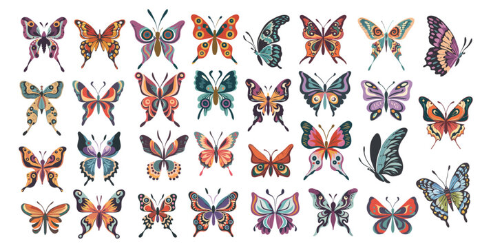 Bundle of different colorful butterflies, fascinating insects that exhibit symmetry and intricate patterns. Clipart, Collection of flat Vector illustrations isolated on transparent background.