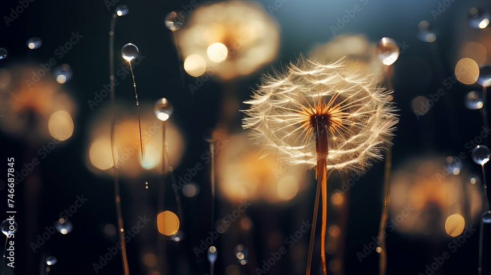 Poster seeds dandelion mirror reflection. dark background dandelions in the drops dew with a beautiful gold