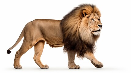 Obraz premium Side view of a Lion walking, looking at the camera, Panthera Leo, 10 years old, isolated on white