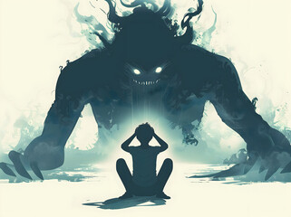 A bold illustration showing a person standing resolute in front of a towering, monstrous shadow, epitomizing the confrontation with one's inner fears