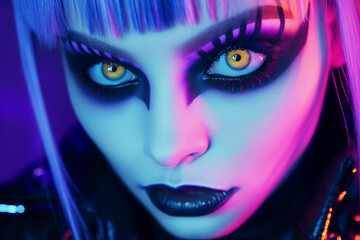 AI generated image of modern girl futuristic avatar portrait with neon light on skin isolated over dark background