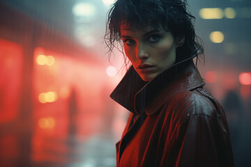 Beautiful young woman standing against dark rainy night street futuristic city urban style created with generative AI