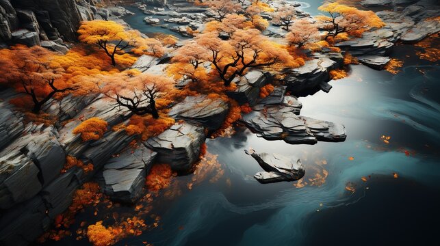 aerial shot of the river with a group of trees around it, in the style of  tradition, sky-blue and orange, captivating documentary photos, colorful animation stills, leaf patterns, curved mirrors