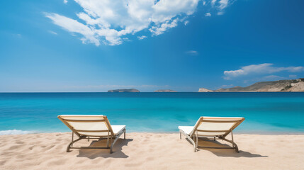 Fototapeta na wymiar Breathtaking View of Azure Sea Blending Into Clear Blue Sky on A Golden Sandy Beach in Ibiza