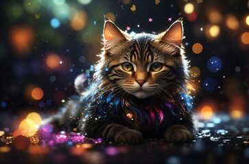 Cat bokeh whimsical atmosphere black background