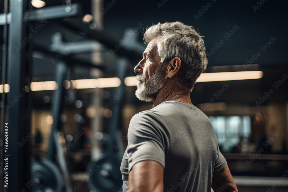 Poster Mature people woman man practicing in spacious gym space active healthy way of life Generative AI picture