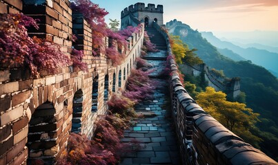 aerial view of the great wall, in the style of light indigo and light amber, mesmerizing colorscapes, light pink and dark green