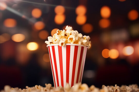 Close up image of a red and white striped popcorn cup with lots of popcorn in a movie theater generative AI