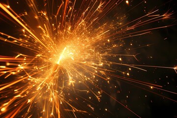 A dynamic shot capturing the moment of a firework's explosion, with trails of light and sparks spreading outwards and painting the sky with a vivid palette of colors.