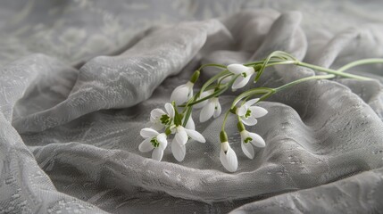 Fototapeta na wymiar Delicate snowdrop flowers laying on a textured grey fabric, symbolizing the arrival of spring and renewal.