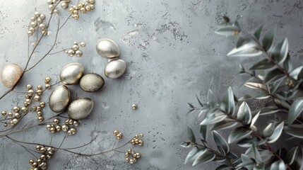 With olive branches adorning them, a stylish composition of golden Easter eggs is set against a...