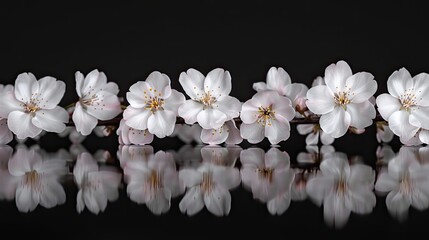 Delicate pink cherry blossoms with vibrant stamens are captured in a close-up, their reflection shimmering on a dark glossy surface.