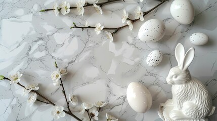 A serene Easter setting featuring speckled eggs, spring blossoms on branches, and a white ceramic bunny on a marble background.