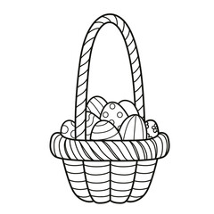 Basket with a large handle with painted Easter eggs outlined for coloring on a white background. Image produced without the use of any form of AI software at any stage